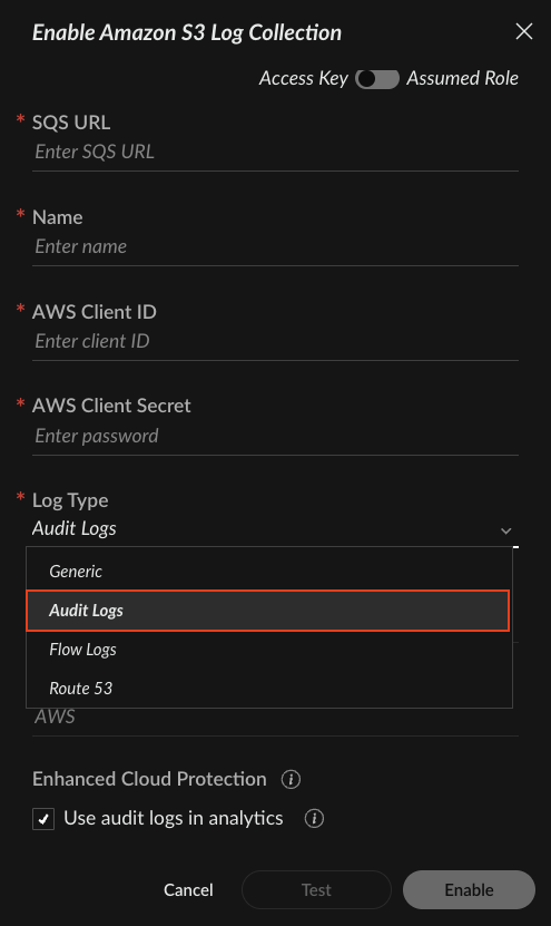 Amazon S3 Data Source Log Type Selection